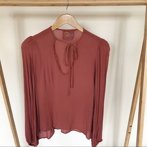 SALE Blue Life Tie Front Frayed V-neck Top in Rust